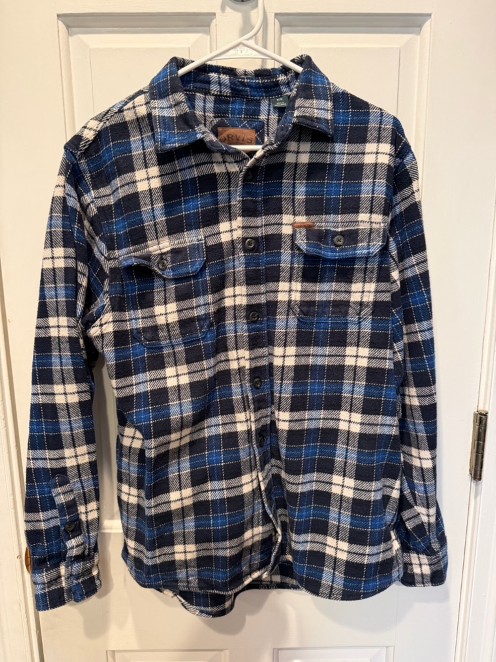 Orvis Flannel Shirt Shacket Blue Plaid Heavy Pockets Jacket Mens Sz M EUC